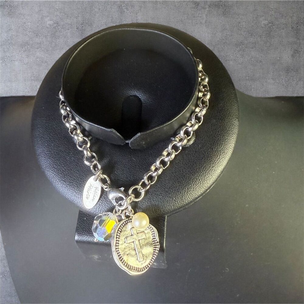 303. Helen‎ Marie Signed Vintage 1990s Cross Charm Silver Tone Bracelet
